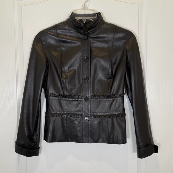 Per Se Carlisle Black Leather Jacket Button Down with Ruffle Trim 2